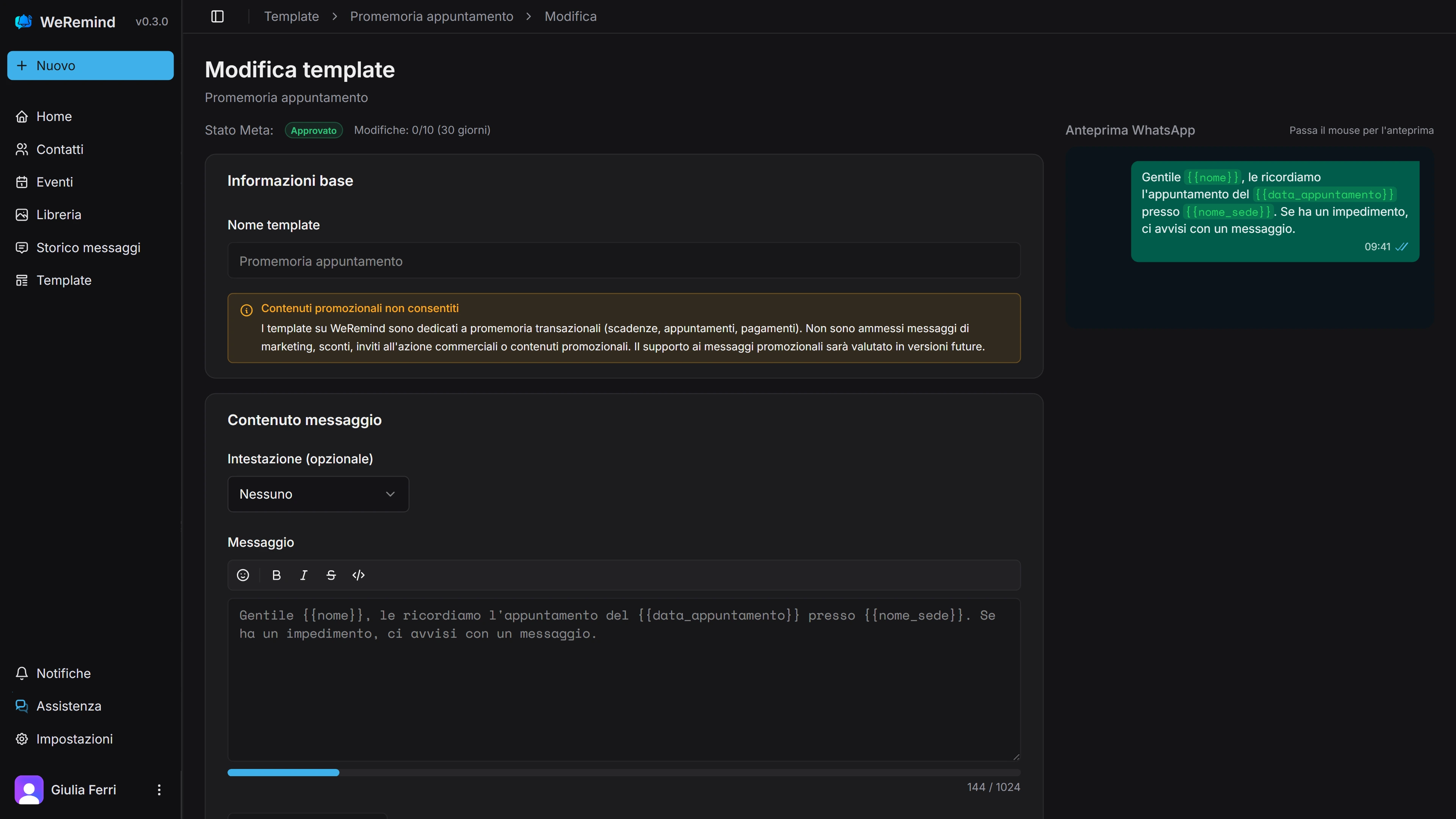 L'editor dei template di WeRemind con l'anteprima del messaggio WhatsApp