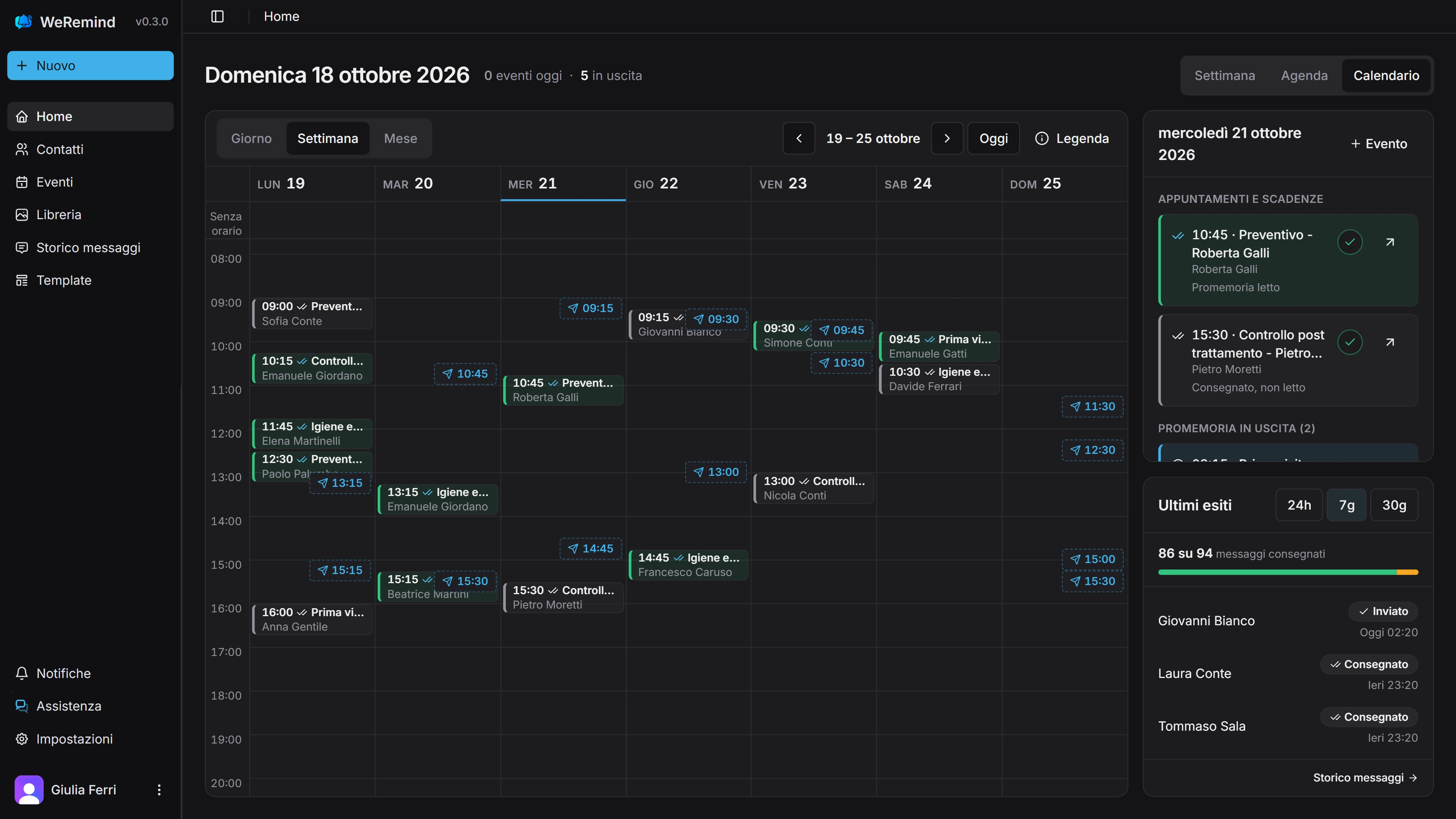 Il calendario settimanale di WeRemind con gli appuntamenti e i promemoria in uscita