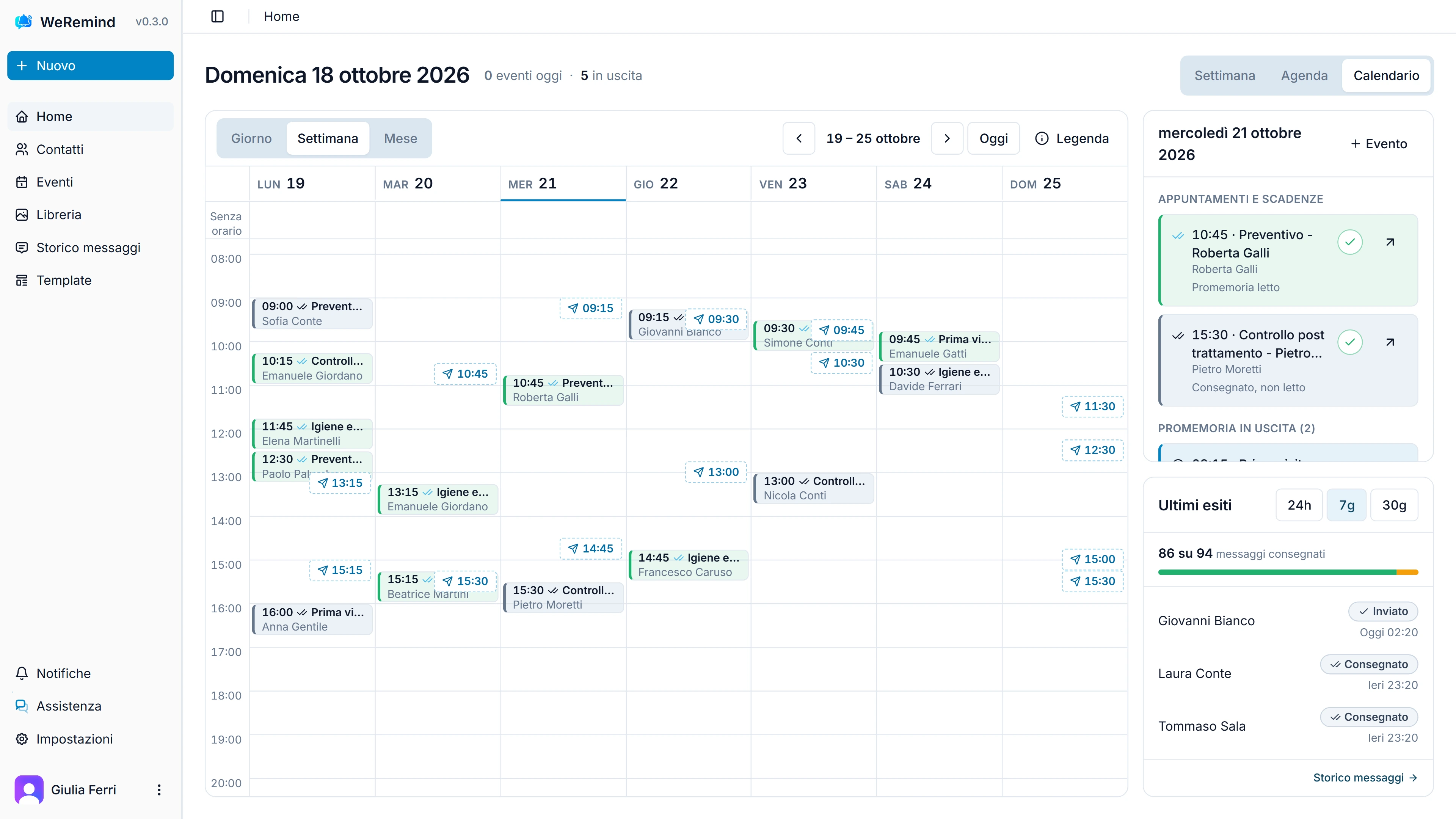 Il calendario settimanale di WeRemind con gli appuntamenti e i promemoria in uscita